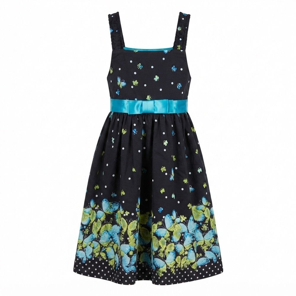 Bonnie Jean Dress Girls 12 Black Butterfly Polka Dot Party Dress Turquoise Bow